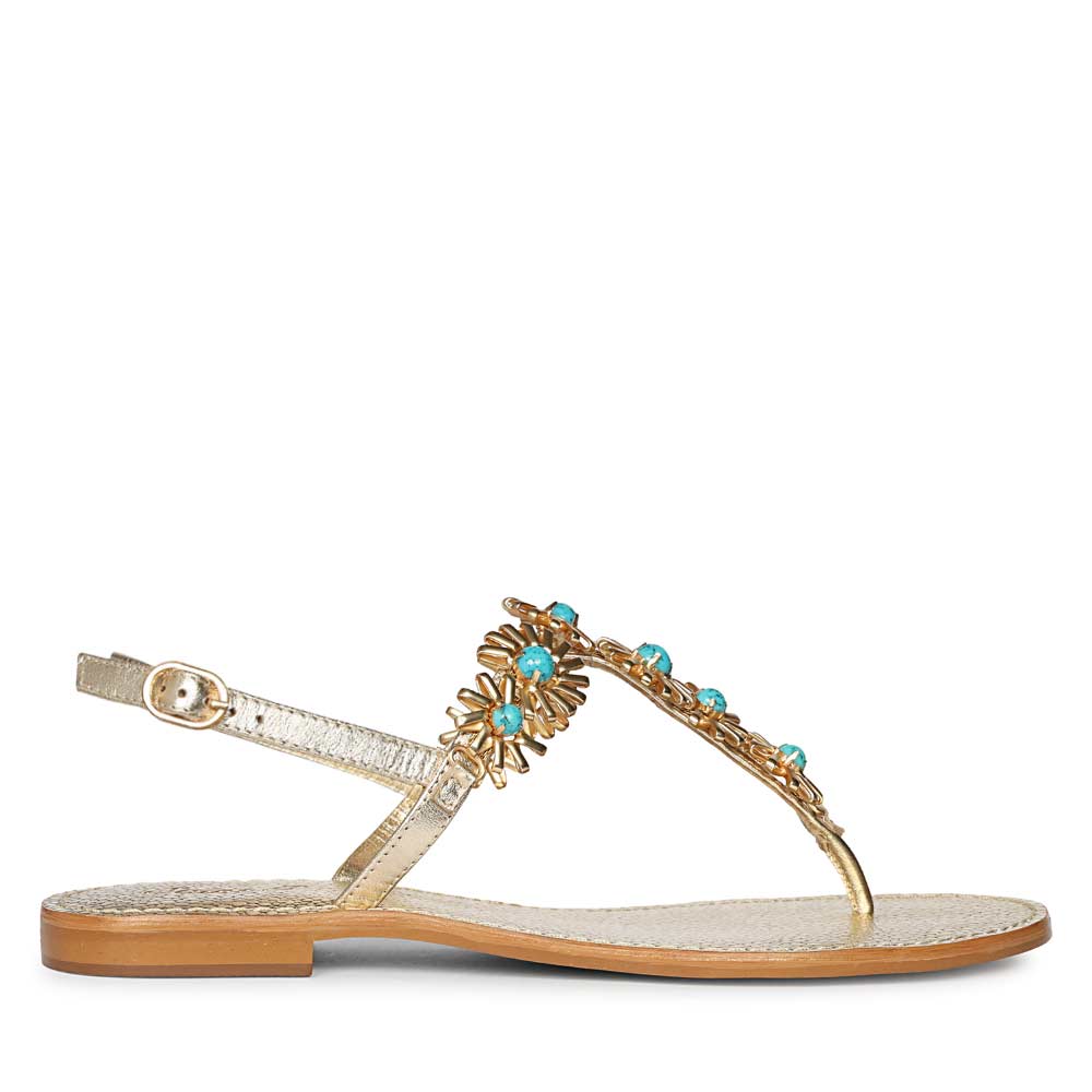 Saint Freesia Turquoise Flower Gold Leather Sandals