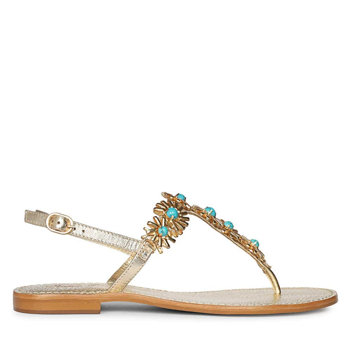 Saint Freesia Turquoise Flower Gold Leather Sandals