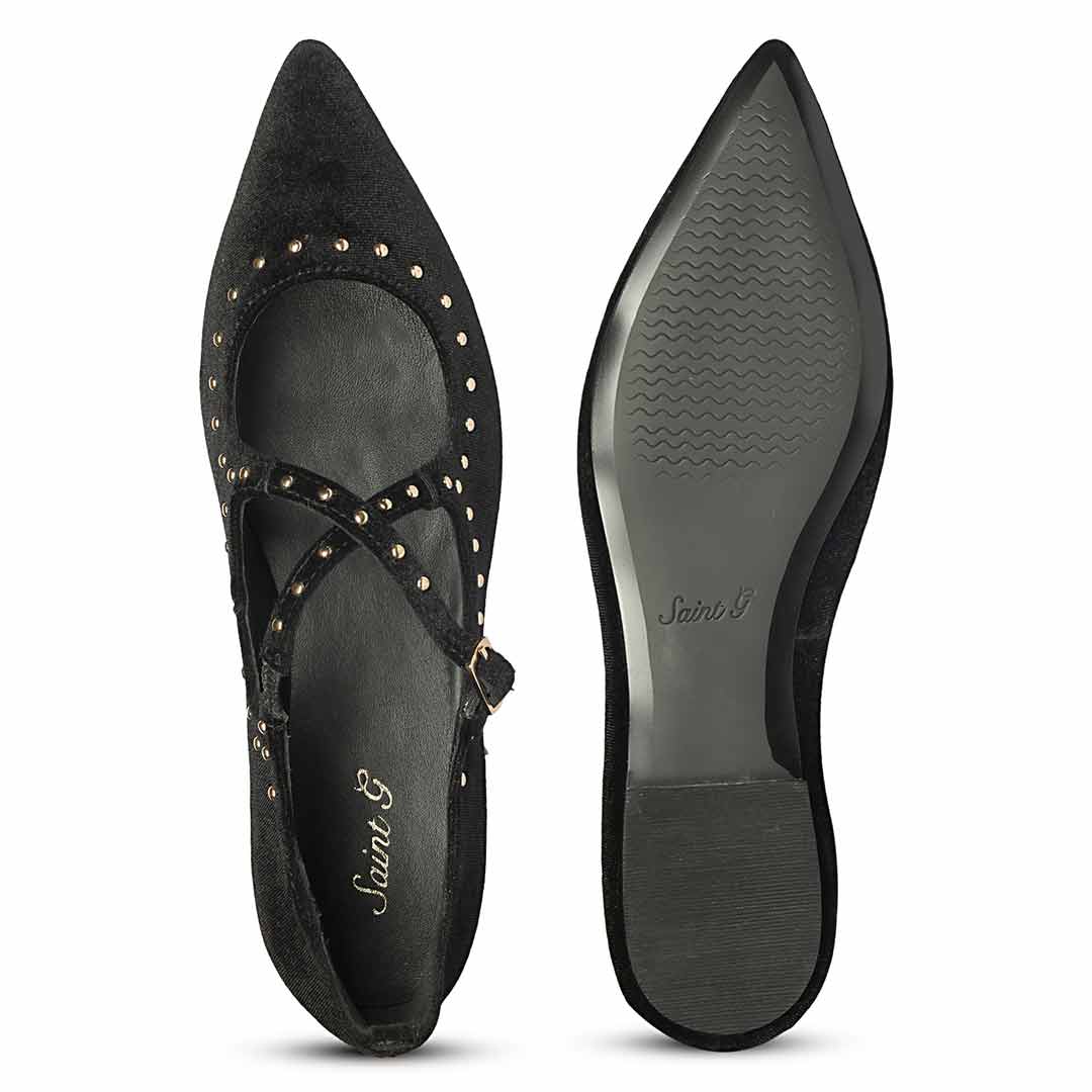 Saint Nivea Golden Studs Black Velvet Ballet Flats