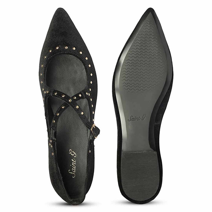 Saint Nivea Golden Studs Black Velvet Ballet Flats