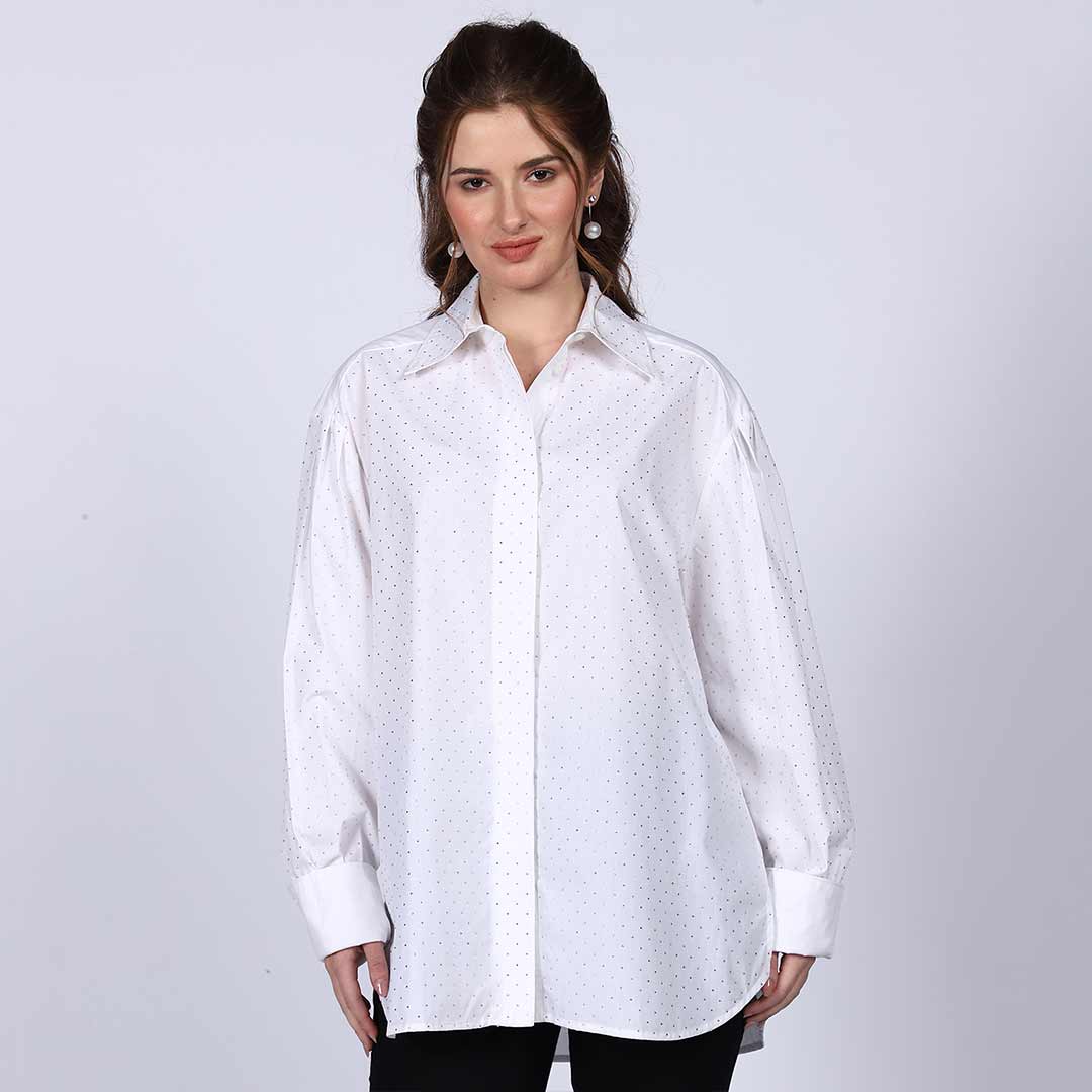 Saint Florence White Crystal Embellished Cotton Shirt