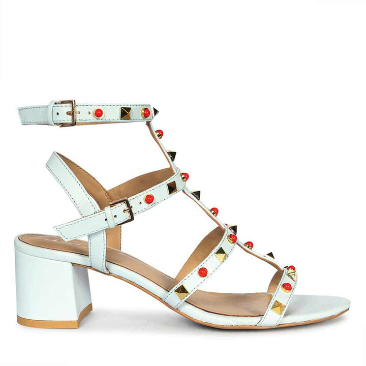 Saint Lucien Sky Blue Leather Studded Gladiator Block Heels