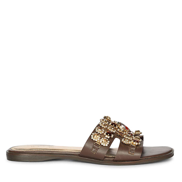 Saint Eileen Embroidered Stone Brown Leather Slides