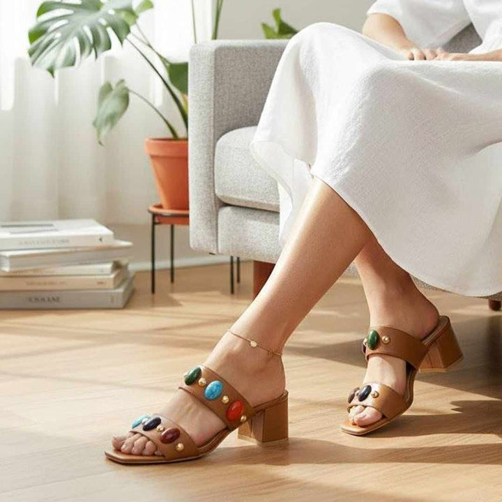 Saint Tahni Multi Stone Cuoio Leather Block Heels