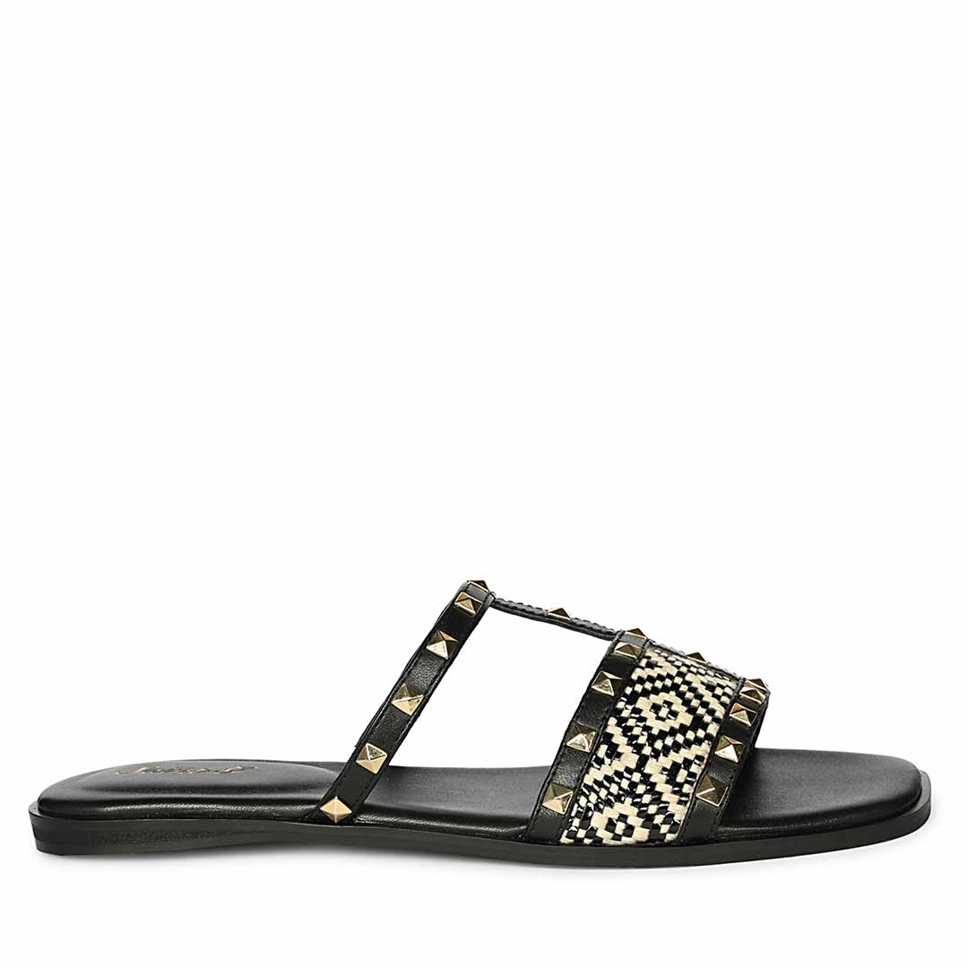 Saint Nylah Raffia & Pyramid Stud Black Leather Slide