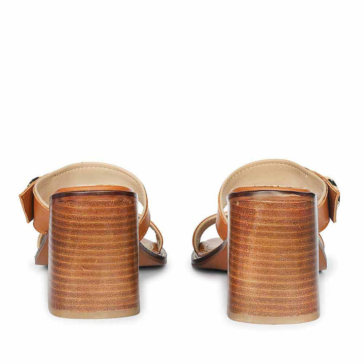 Saint Brisa Gold Emblems Tan Leather Heels