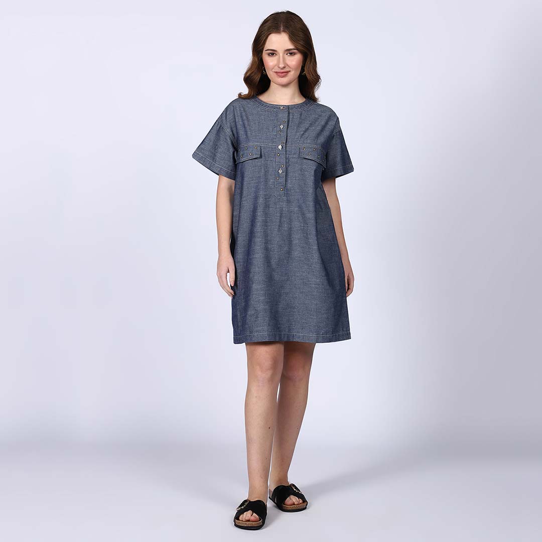 Saint Clara Grey Cotton Chambray Short Dress