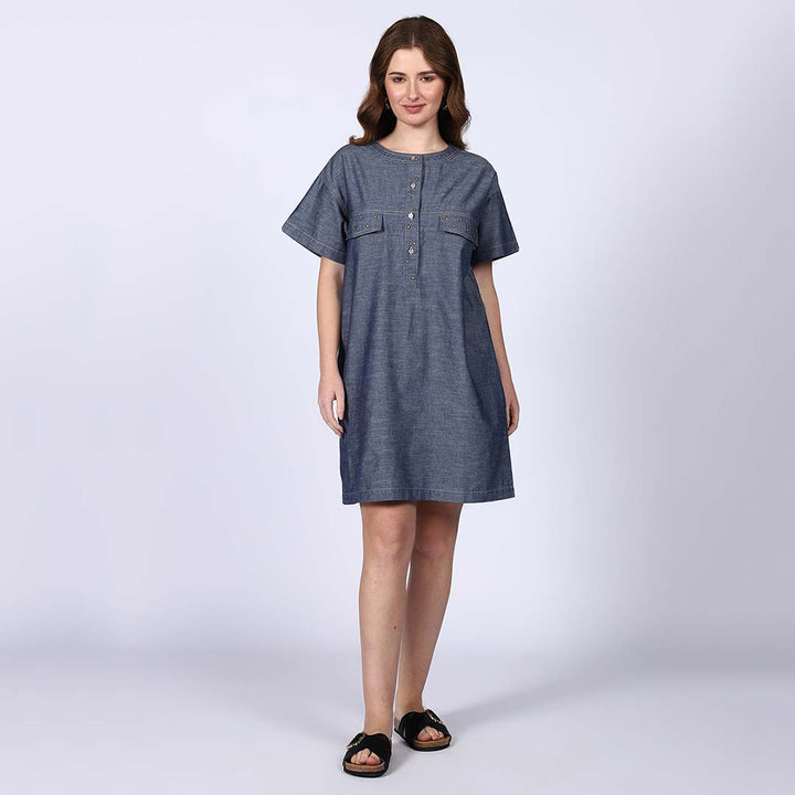 Saint Clara Grey Cotton Chambray Short Dress