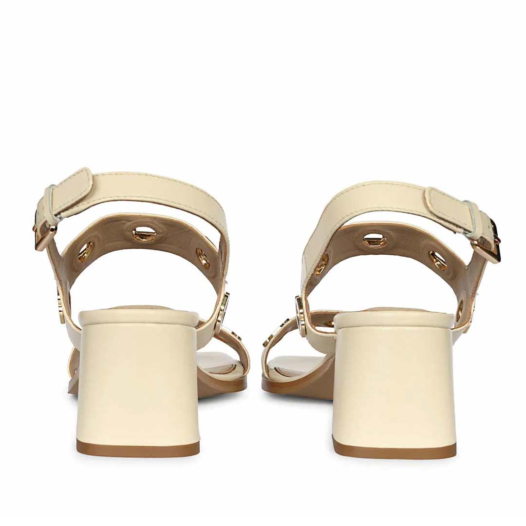 Saint Alviera Gold Flower Eyelets Off White Leather Block Heels