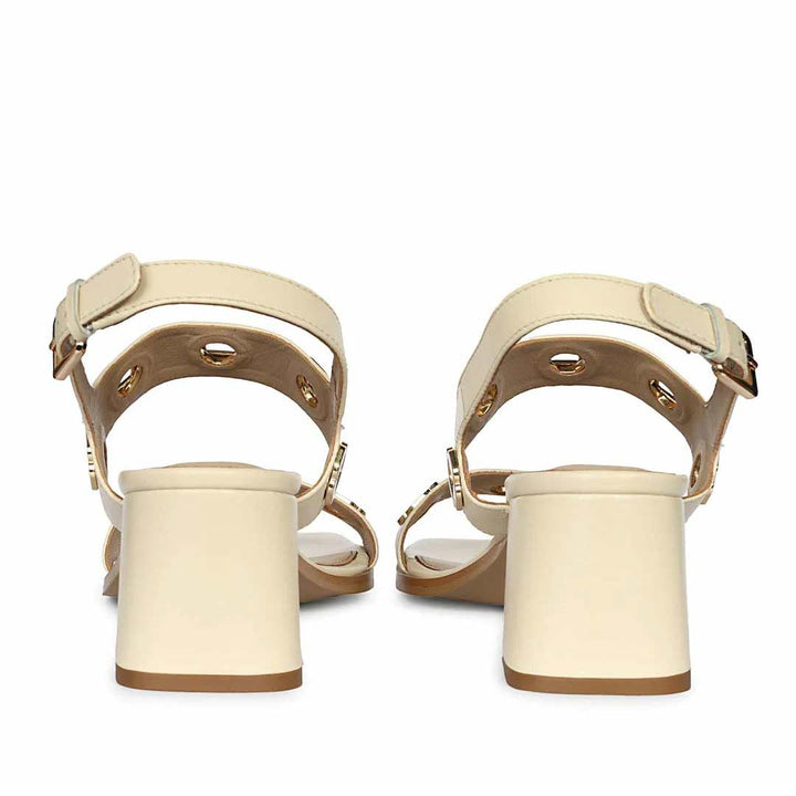 Saint Alviera Gold Flower Eyelets Off White Leather Block Heels
