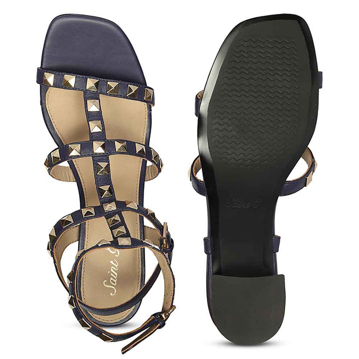 Saint Angela Gold Metal Double Buckle Navy Block Heels