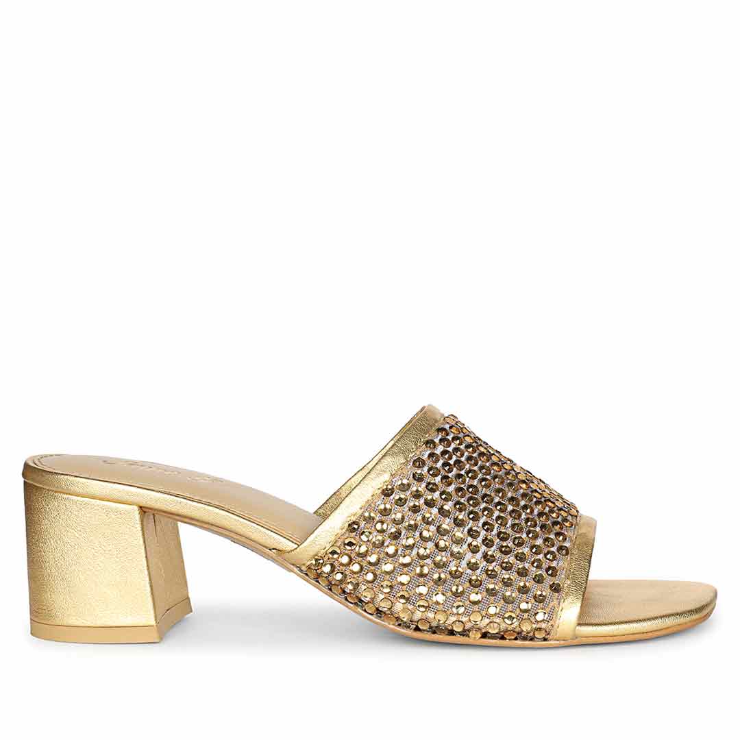 Saint Valisa Crystal Gold Leather Block Heels