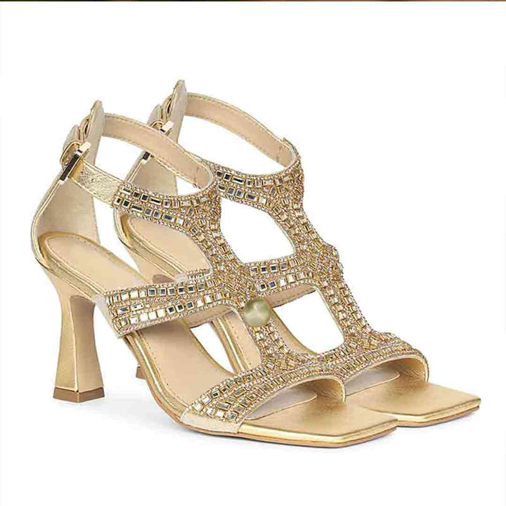 Saint Eloria Crystal Gold Leather Flared Stiletto Heels