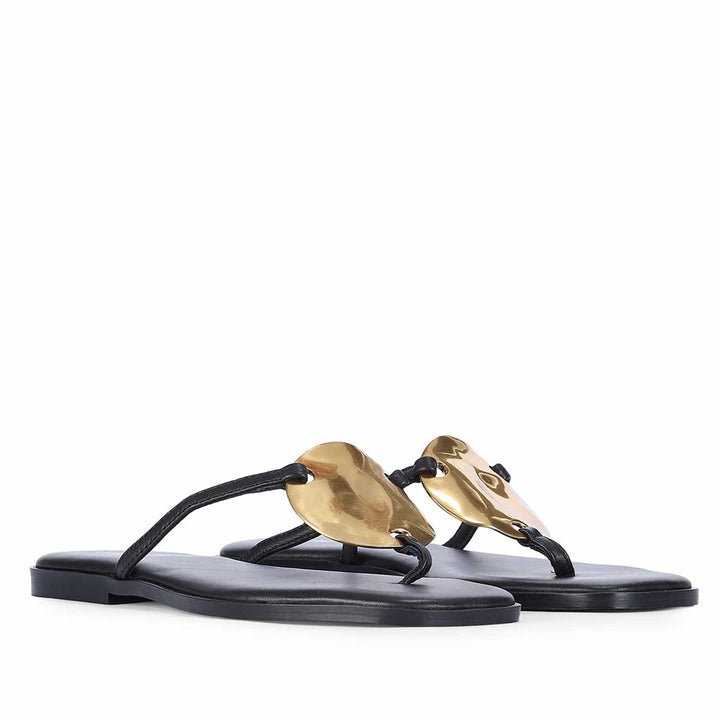 Saint Aurum Golden Disc Black Leather Flats