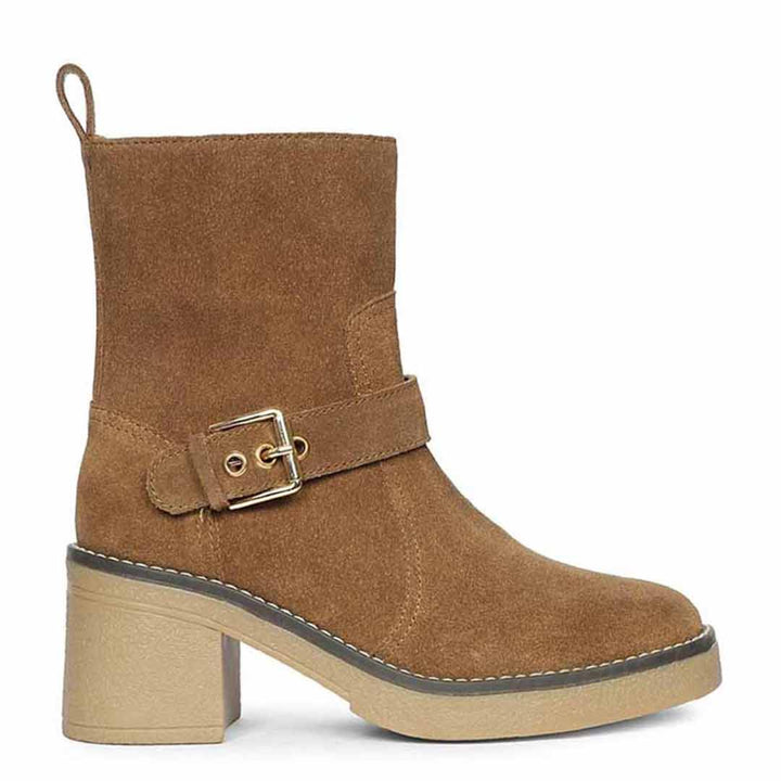 Saint Carmen Buckle Tan Suede Leather Ankle Boots