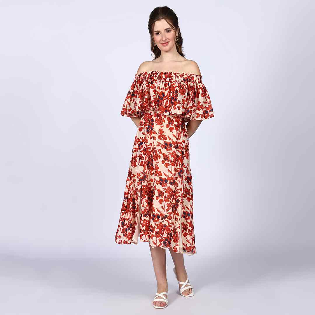 Saint Scarlett Ivory Red Off-Shoulder Midi Dress