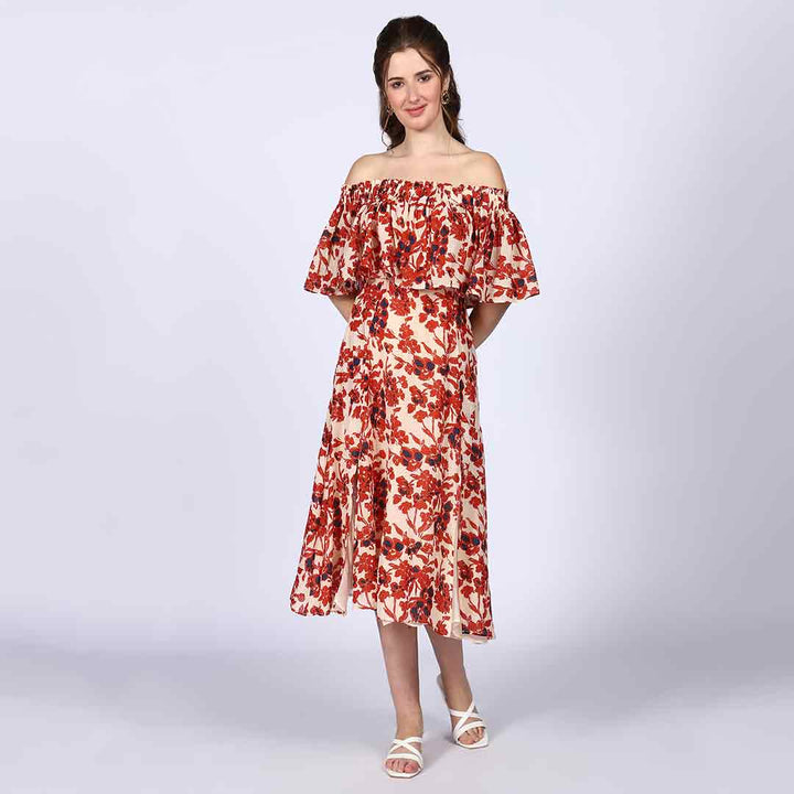 Saint Scarlett Ivory Red Off-Shoulder Midi Dress