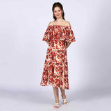 Saint Scarlett Ivory Red Off-Shoulder Midi Dress