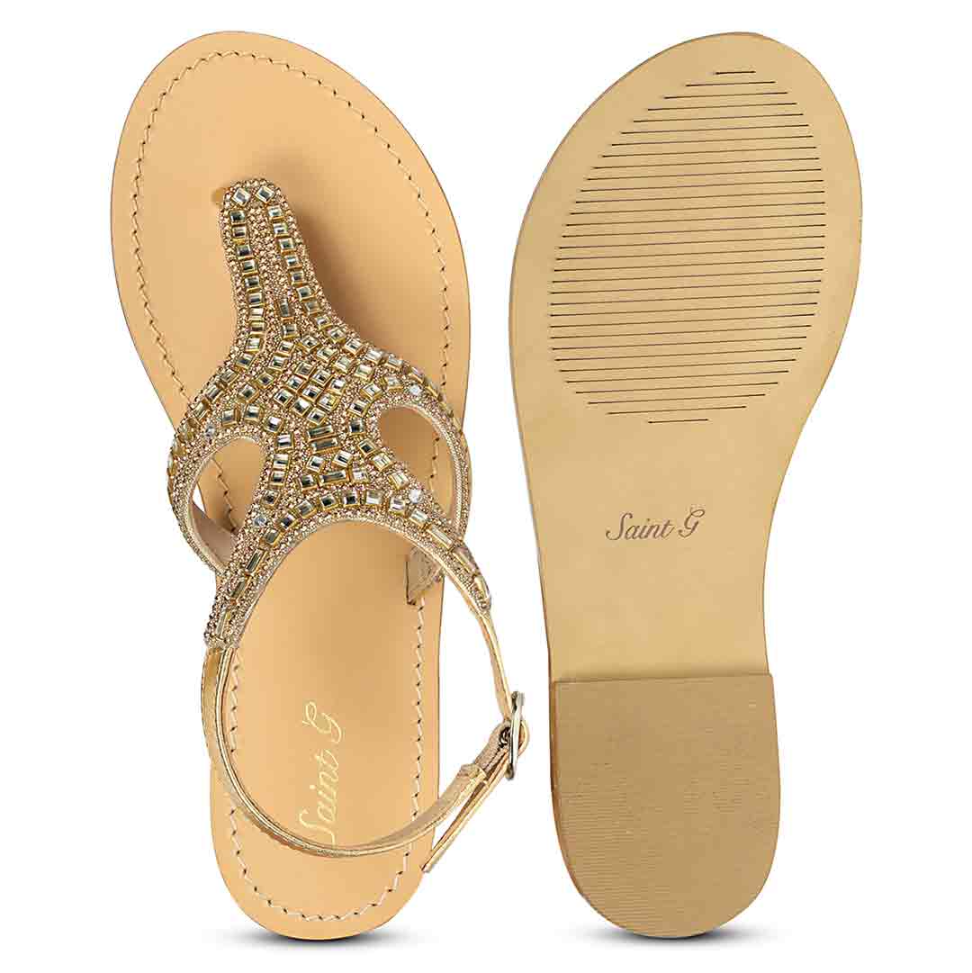 Saint Faith Embellished T-Strap Gold Leather Flats