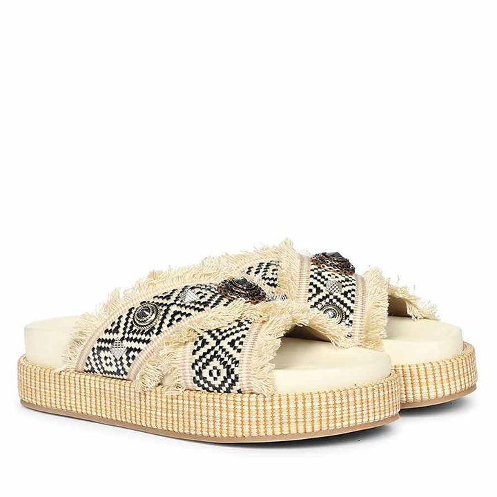 Saint Lenora Raffia Fringe Beige Leather Platform Sandals