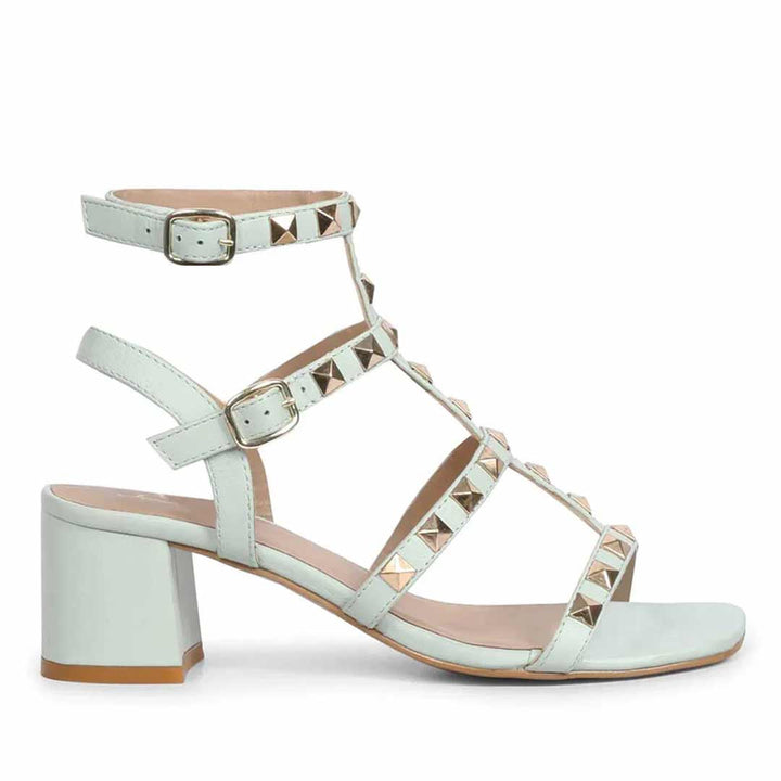 Saint Angela Aqua Leather Metal Studded Block Heels
