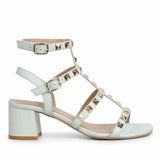 Saint Angela Aqua Leather Metal Studded Block Heels