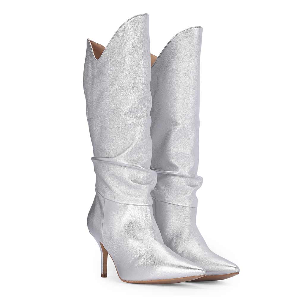 Saint Nayeli Silver Metallic Leather Calf Length Slouch Boots