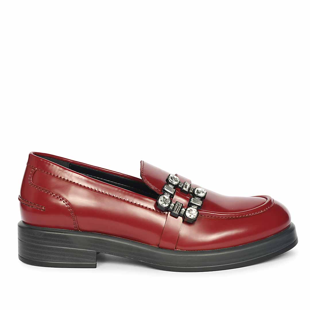 Saint Rue Crystal Buckle Cherry Abrasivato Leather Moccasins