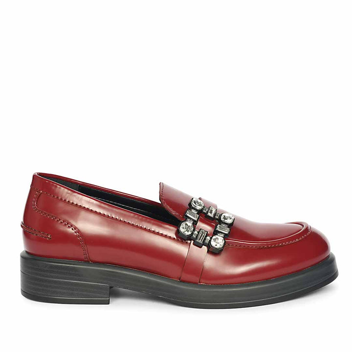 Saint Rue Crystal Buckle Cherry Abrasivato Leather Moccasins