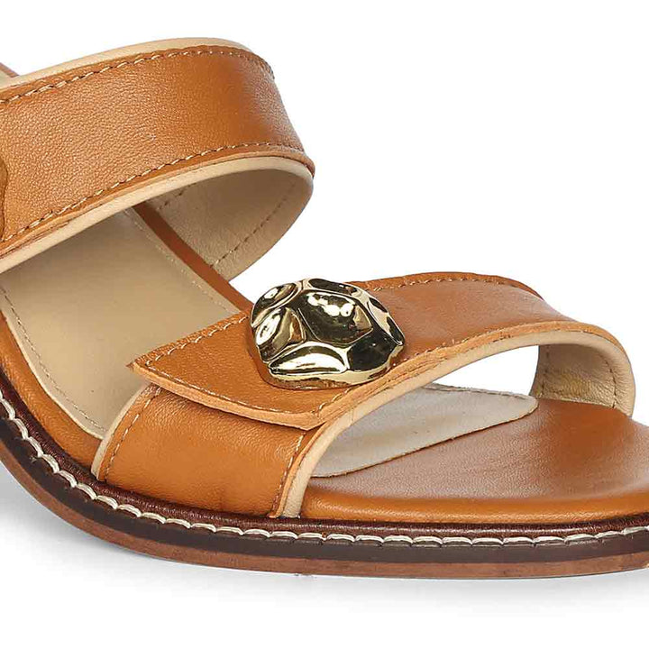 Saint Brisa Gold Emblems Tan Leather Heels