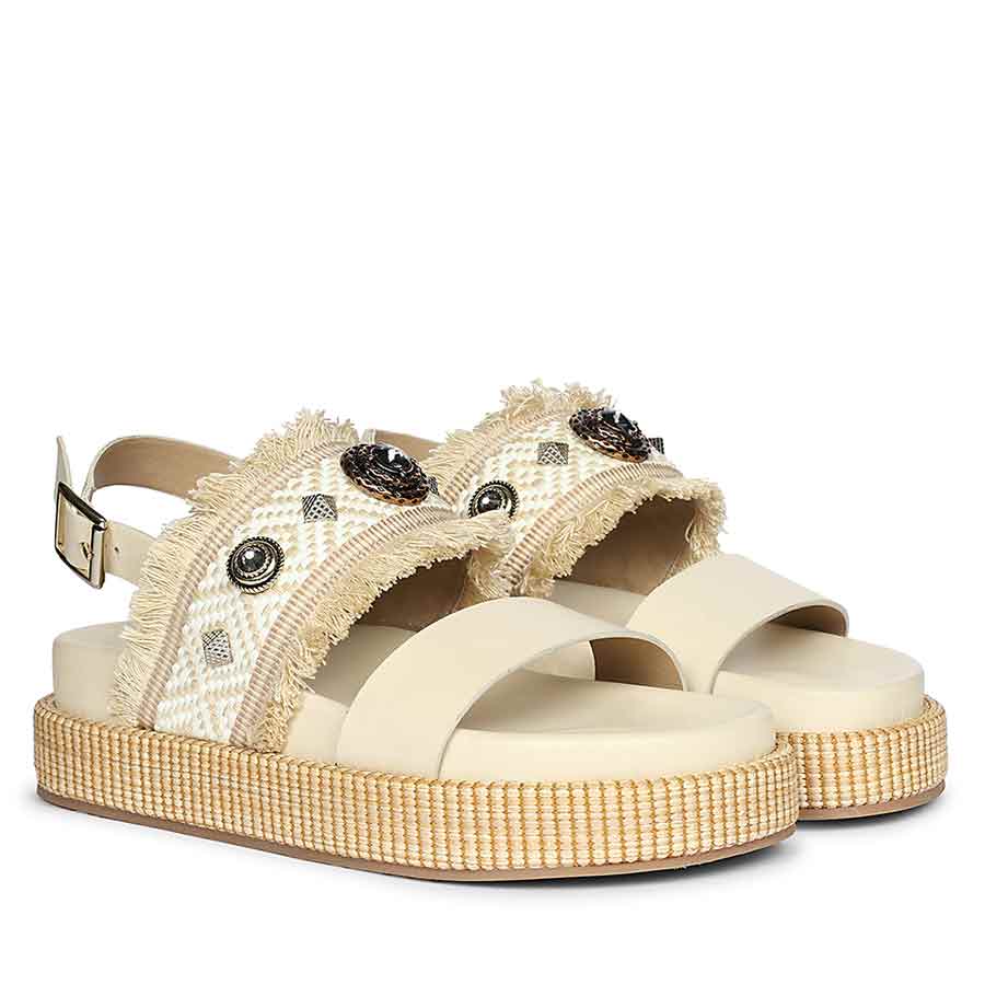 Saint Dahna Beige Raffia Leather Platform Sandals