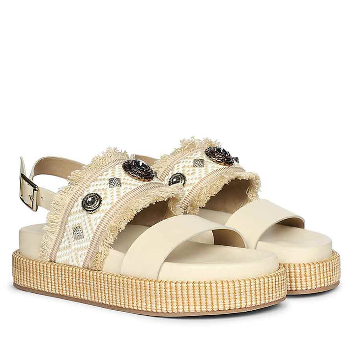 Saint Dahna Beige Raffia Leather Platform Sandals