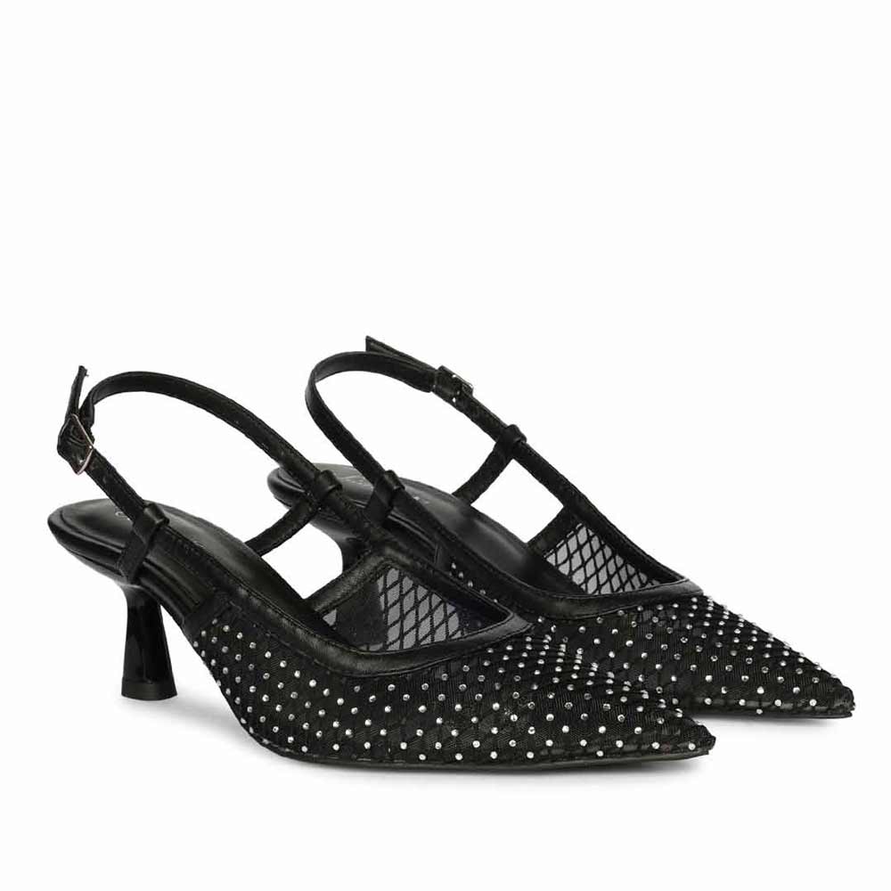 Saint Twila Crystal Embellished Black Leather Slingbacks