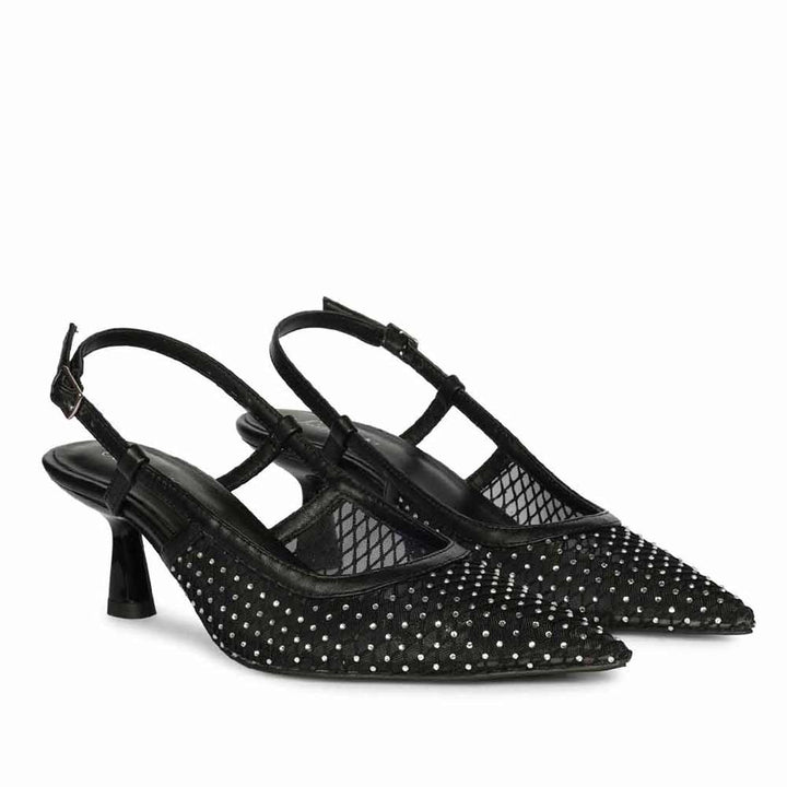 Saint Twila Crystal Embellished Black Leather Slingbacks