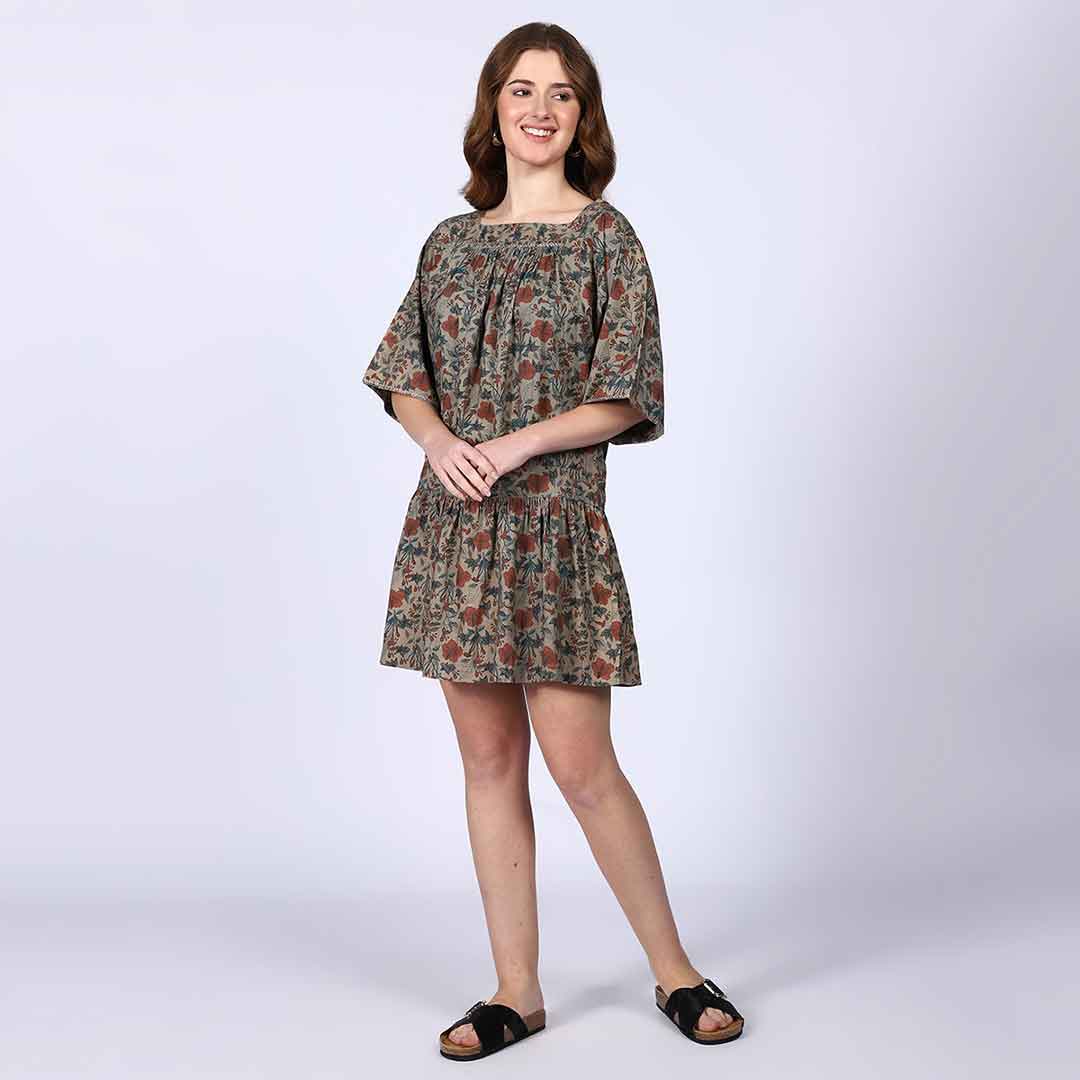 Saint Peyton Olive Printed Floral Cotton Poplin Mini Dress