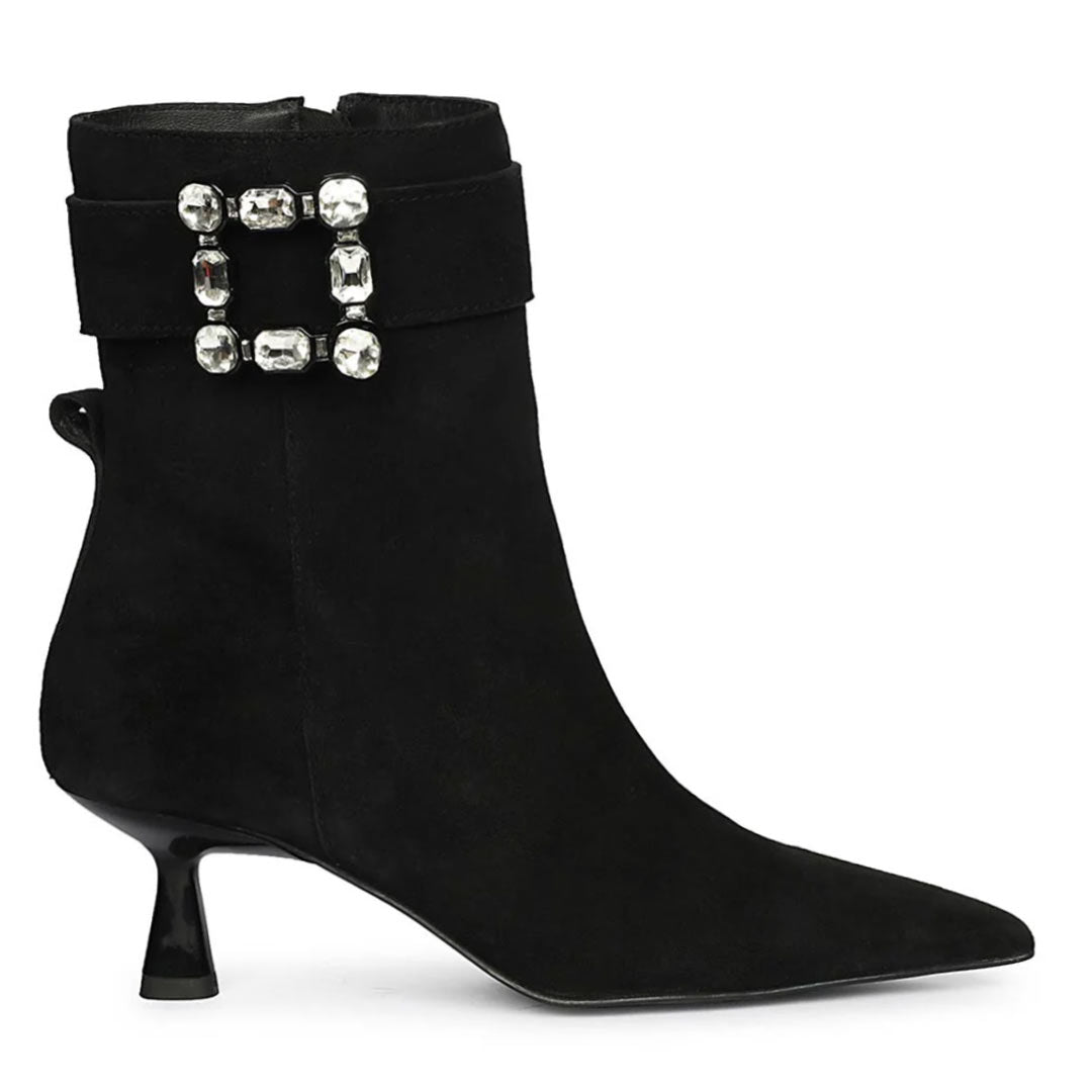 Saint Everly Crystal Buckle Black Suede Leather Ankle Boots