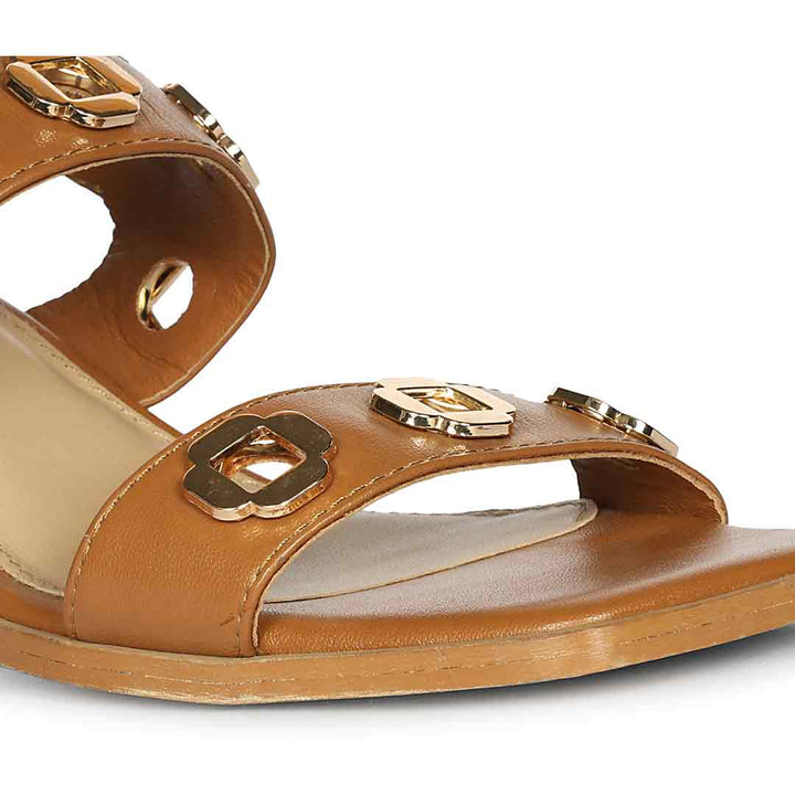 Saint Alviera Gold Flower Eyelets Tan Leather Block Heels