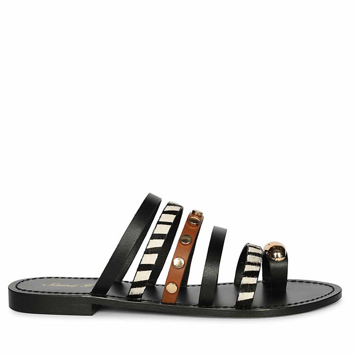 Saint Monaco Zebra Print Black Leather Flat Sandals