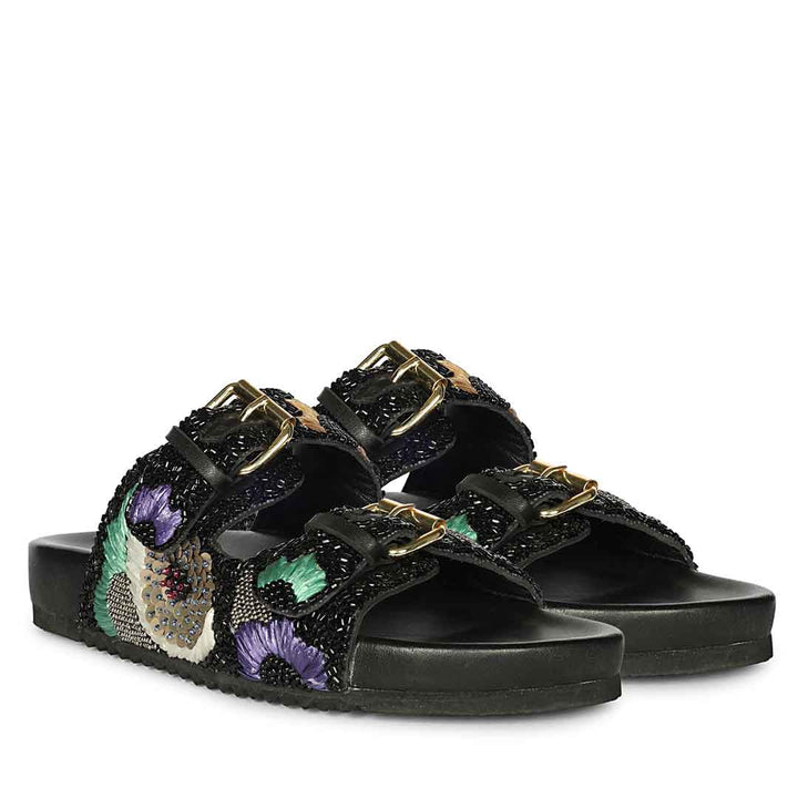 Saint Clio Hand Embroidered Black Leather Footbed Sandals