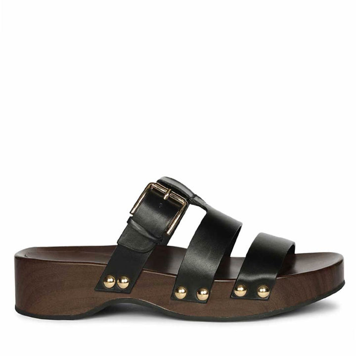 Saint Valene Buckle Black Leather Platform Sandals