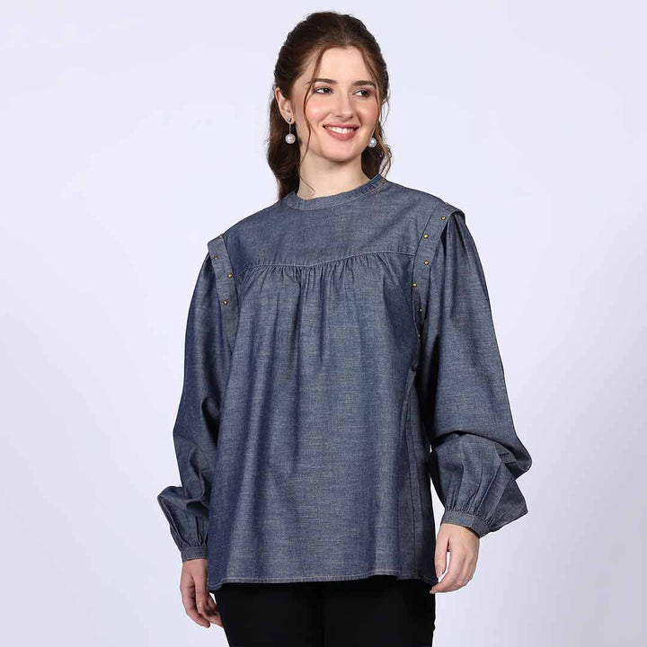 Saint Hazel Grey Cotton Chambray Top