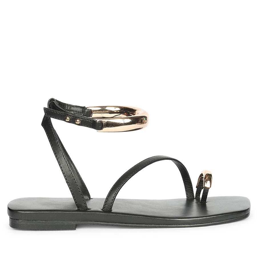 Saint Zinovia Gold-Trim Black Leather Sandals