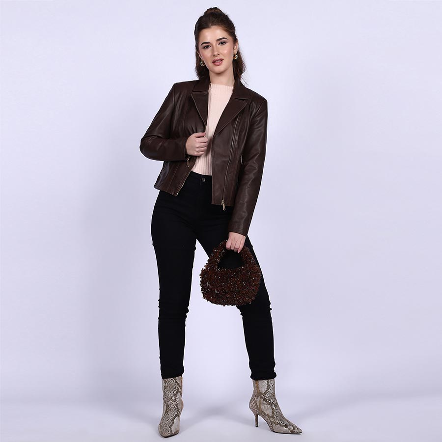 Saint Ginevra Brown Leather Women Biker Jackets