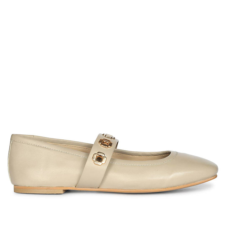 Saint Olwen Flower Eyelets Beige Leather Ballet Flats