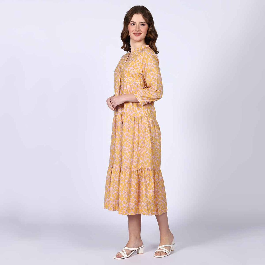 Saint Valentina Yellow Multicolour Tiered Cotton Maxi Dress