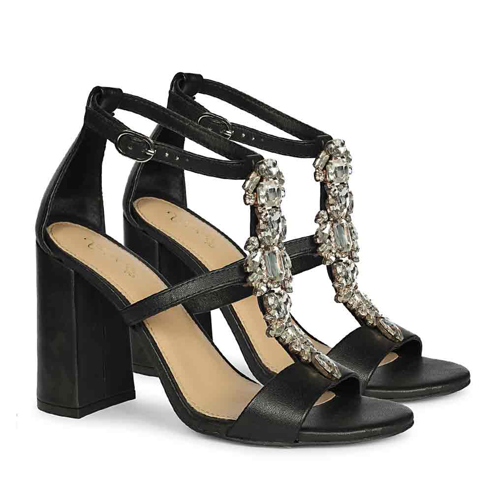 Saint Colleen Silver Stone Metallic Black Leather Block Heels