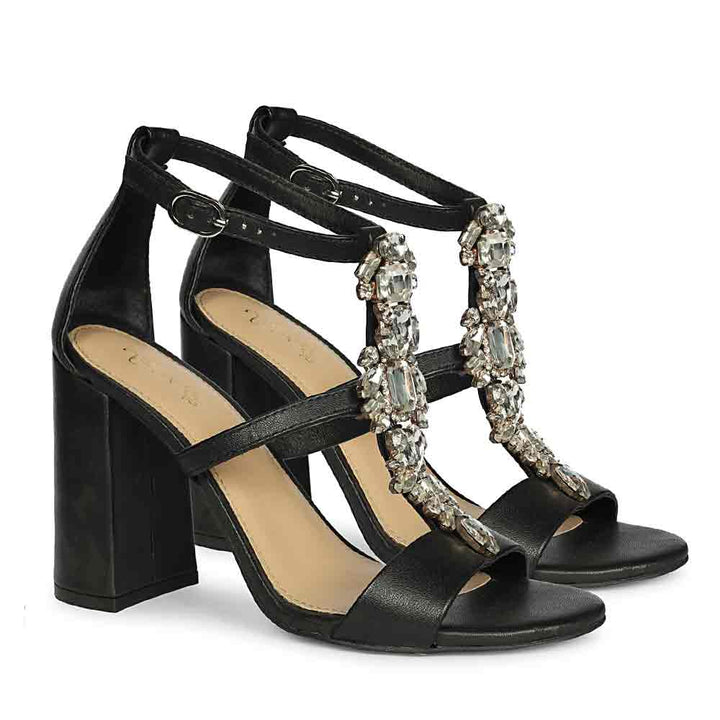 Saint Colleen Silver Stone Metallic Black Leather Block Heels