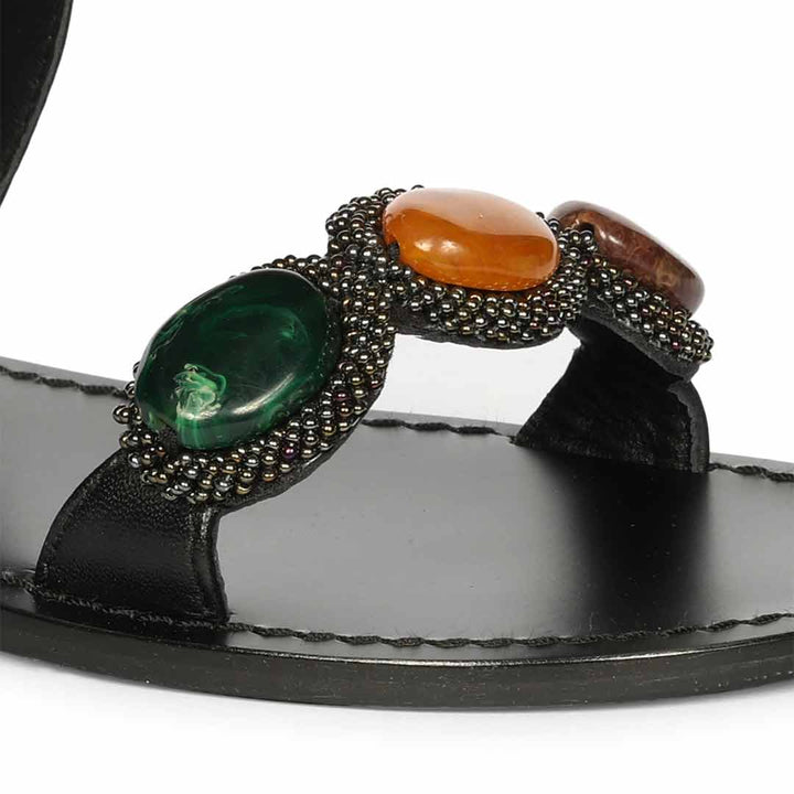 Saint Eva Multi Stone Adorned Black Leather Flats