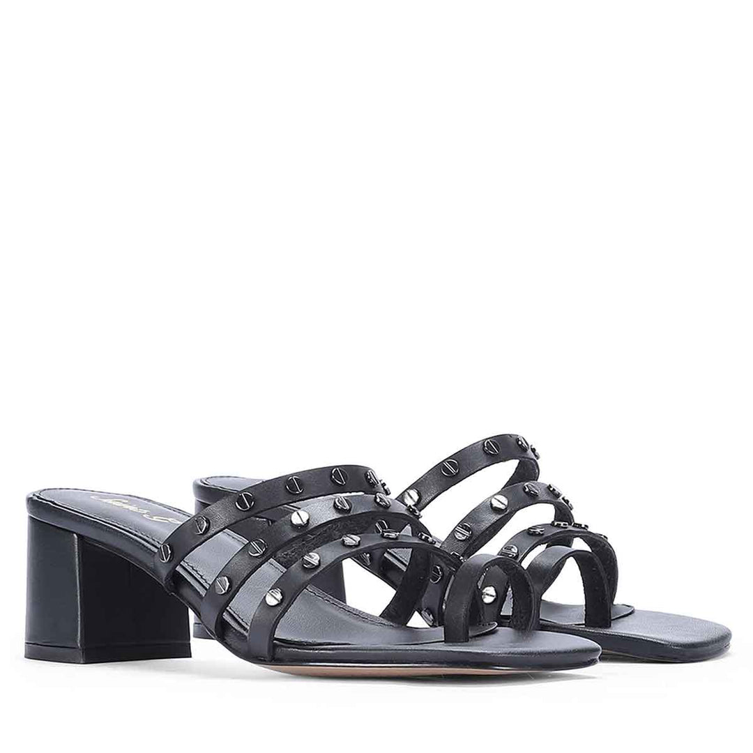Saint Ebon Metal Studded Black Leather Block Heels