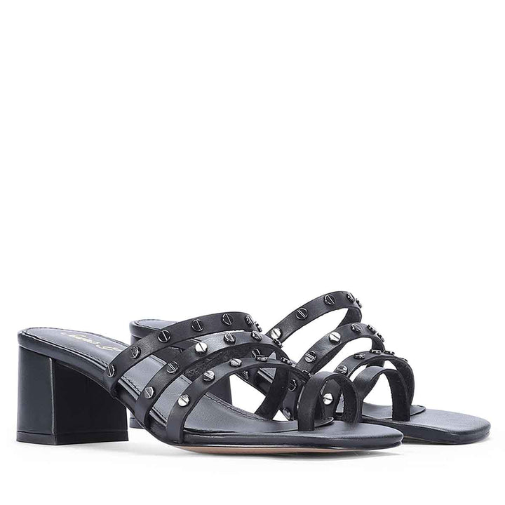 Saint Ebon Metal Studded Black Leather Block Heels